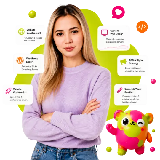 Easefy web services illustration featuring a woman, colorful mascot, and digital service cards.