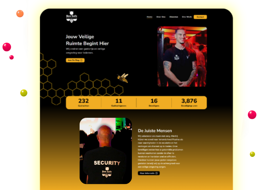 Bee Safe security website design featuring a black-and-gold layout, security professional, service information, and statistics for completed assignments, clients, guards, and security hours.