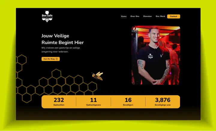 Bee Safe Security website design featuring a security professional and service statistics.