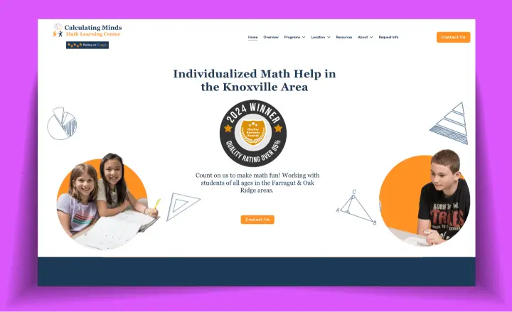Calculating Minds Math Learning Center website design featuring individualized math help in Knoxville.