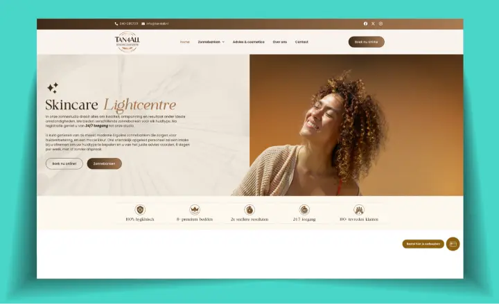 Tan4all Skincare Lightcentre website design featuring a warm, elegant skincare hero section.