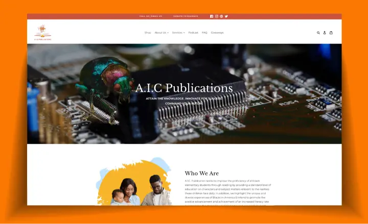 A.I.C. Publications website design featuring a technology-themed hero section.