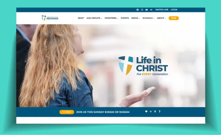 First Baptist Church of Newnan website design featuring a Life in Christ hero section.